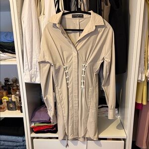 Beige Drawstring Shirt Jacket